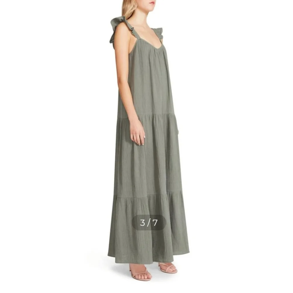 Women's STEVE MADDEN legant Olive Green Maxi Dress Size S Oversize Cotton 100% - Picture 13 of 13